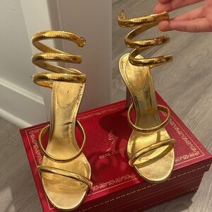 Rene Caovilla Gold Spiral-Ankle Stiletto Sandals